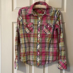 Delia*s Pink &Green Plaid Blouse with Convertible Sleeves Size Medium